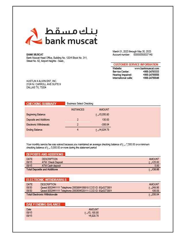 Modèle Word et PDF de relevé de compte d'entreprise de la Banque Muscat